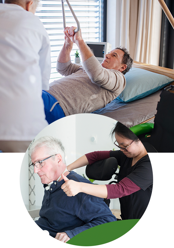 Photo collage pf physiotherapists assisting their patients who have spinal cord injury.